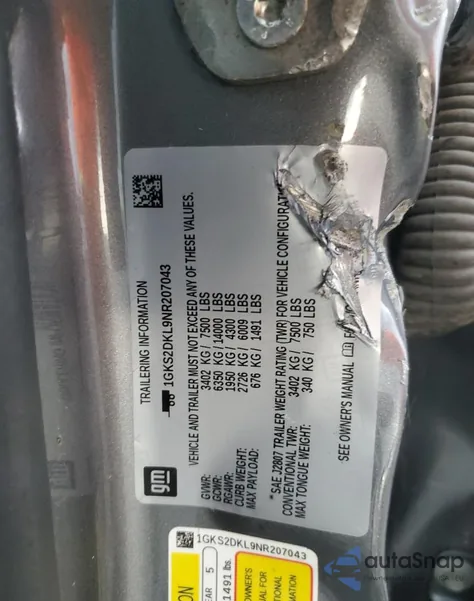 2022 GMC Yukon Denali из США, поврежденный, VIN 1GKS2DKL9NR207043